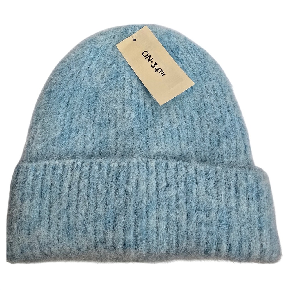 On 34th Womens Blue Fuzzy Knit Cuffed Wool Blend Beanie Hat OS NWT